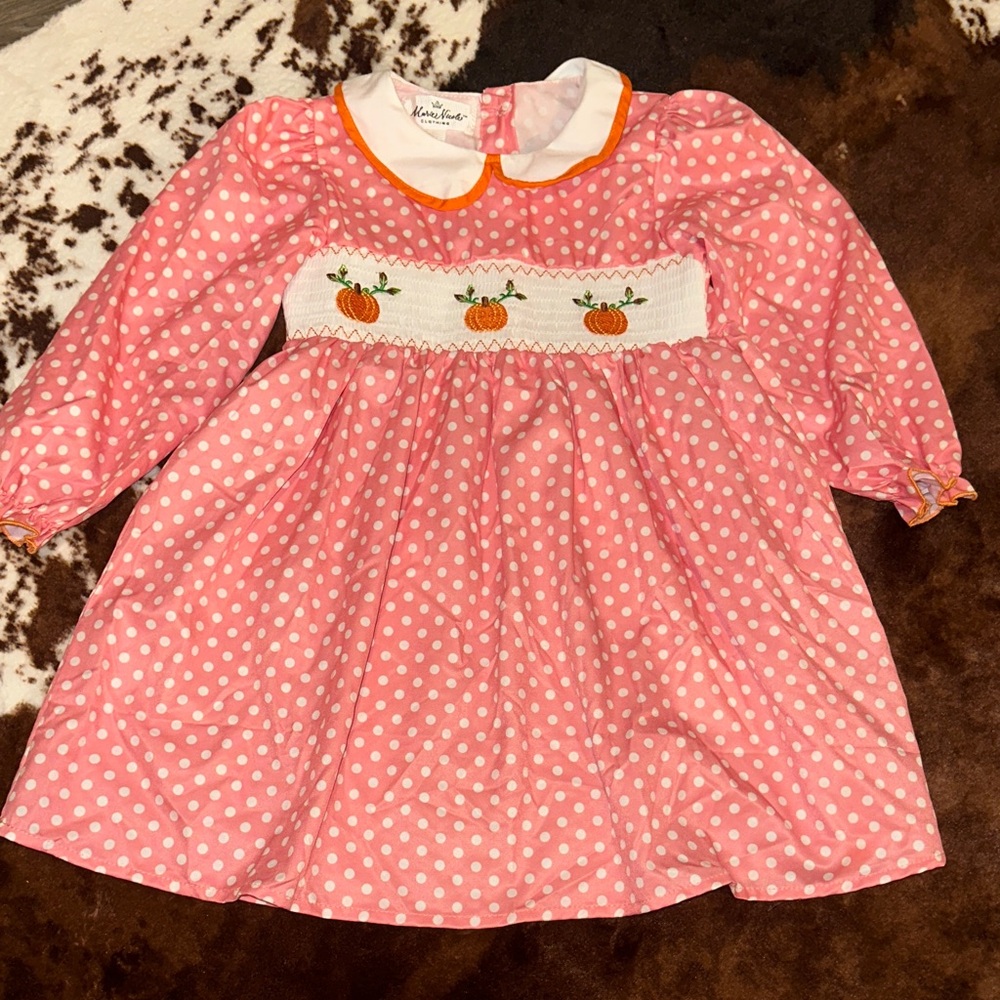 Pink Polka Dot Dress with Pumpkin Embroidery